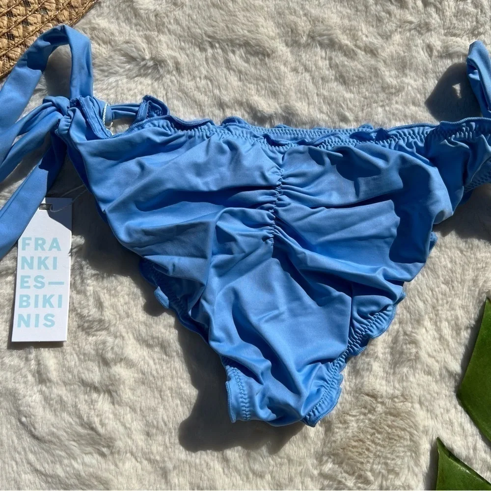 Frankie’s Bikinis Carrie Knot Top Colby Tie Side Bikini Set Chambray Blue NWT